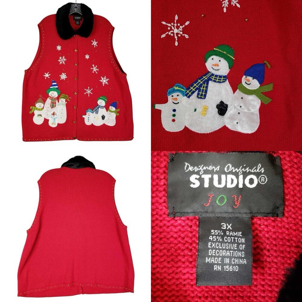 Designers Originals Studio Sweater Vest Womens 3X Red Snowman Christmas